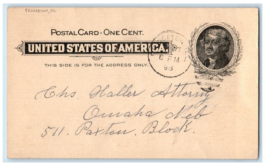 1898 Selling Item Taxes CW Haller Attorney Princeton IL Omaha NE Postal Card