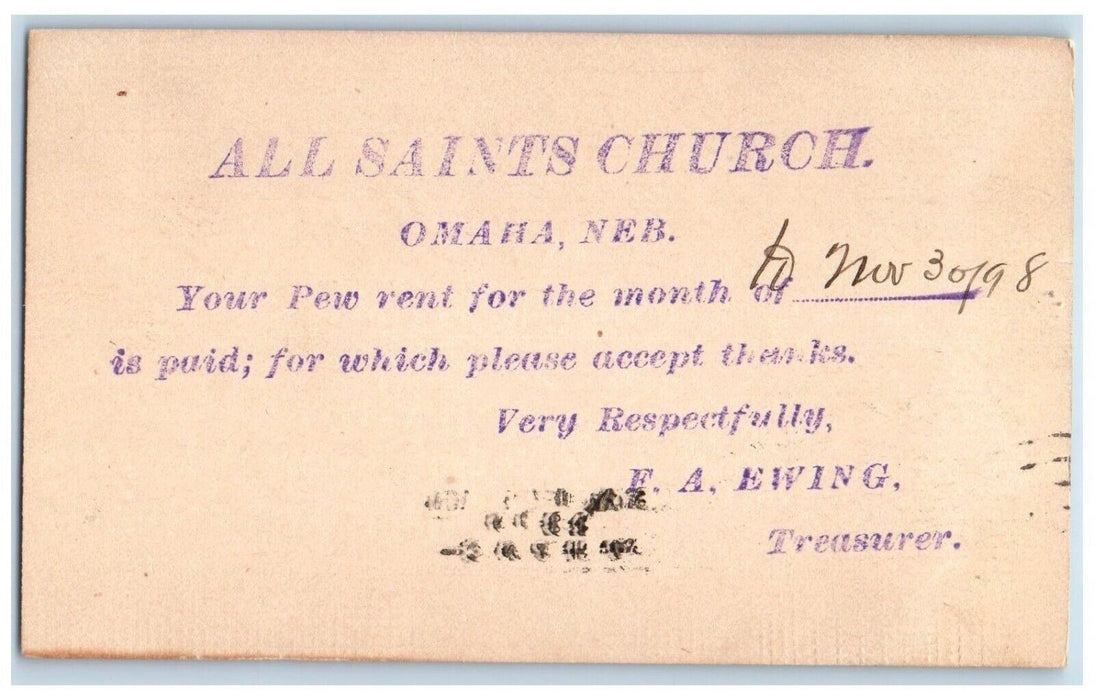 1898 All Saints Church Pew Rent Omaha Nebraska NE Antique Postal Card