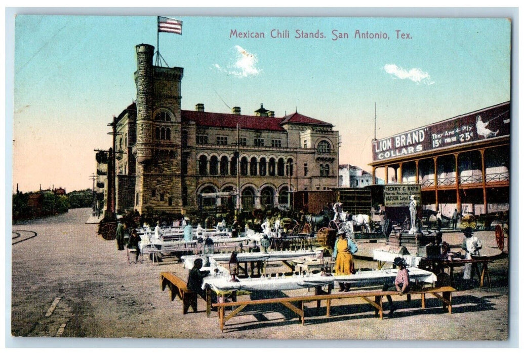c1910 Mexican Chili Stands Lion Brand Collars San Antonio Texas TX Postcard