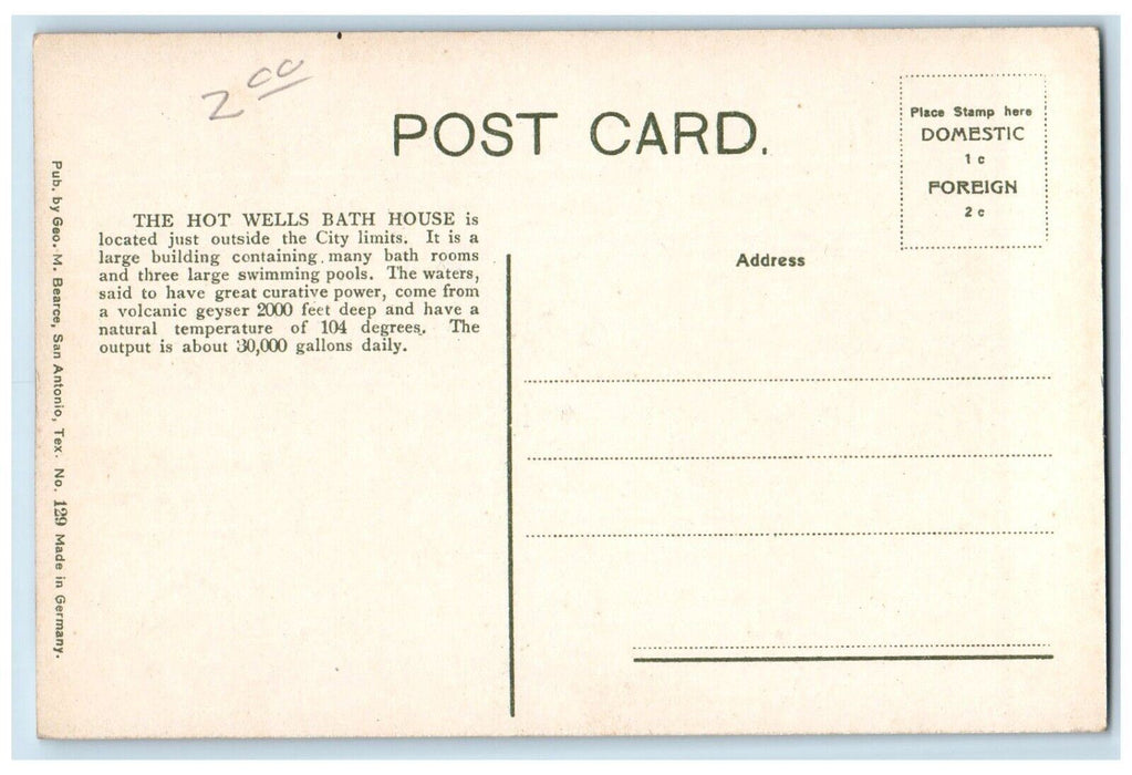 c1910 Hot Wells Bath House San Antonio Texas TX Antique Unposted Postcard