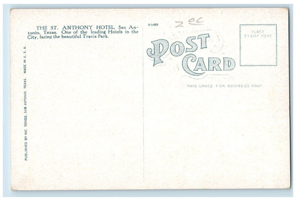 c1920's St. Anthony Hotel and Annex San Antonio Texas TX Antique Postcard
