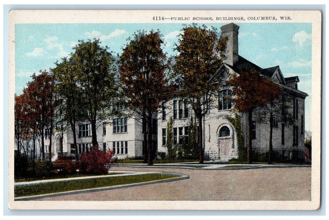 c1920 Public School Buildings Exterior Road Street Columbus Wisconsin Postcard