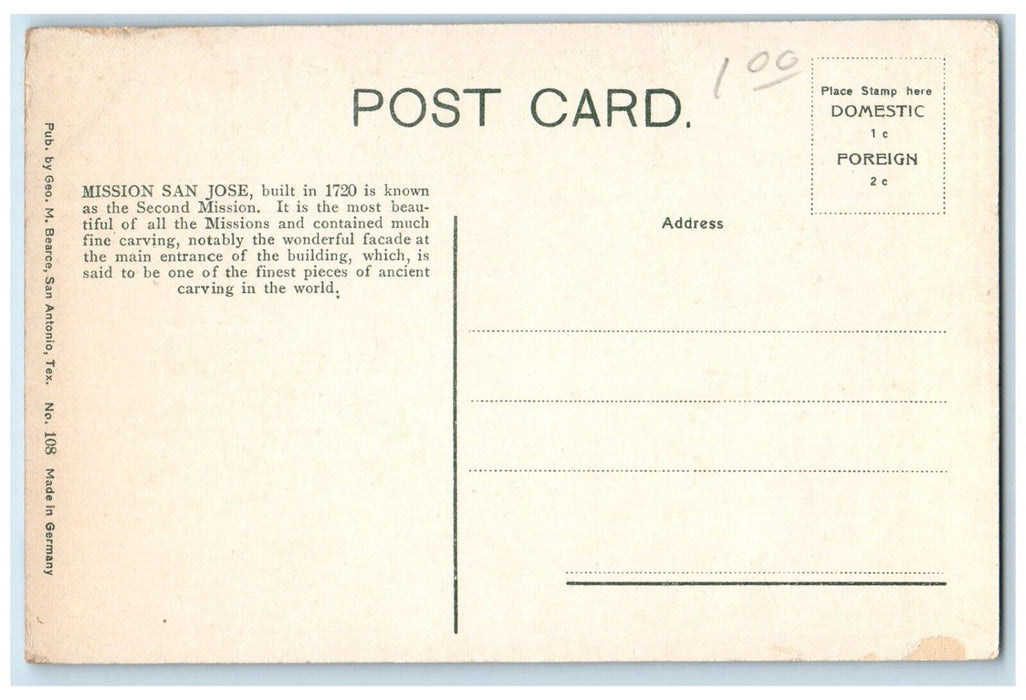 c1910 2nd Mission San Jose San Antonio Texas TX Antique Unposted Postcard