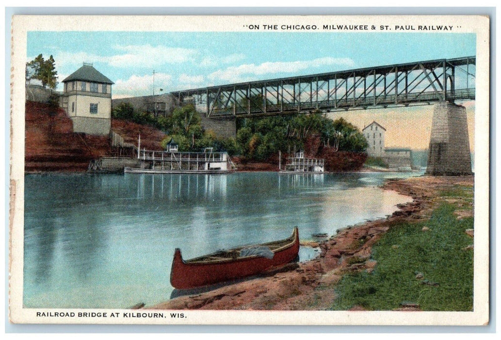 c1910 Chicago Milwaukee St. Paul Railway Railroad Bridge Boat Kilbourn  Postcard
