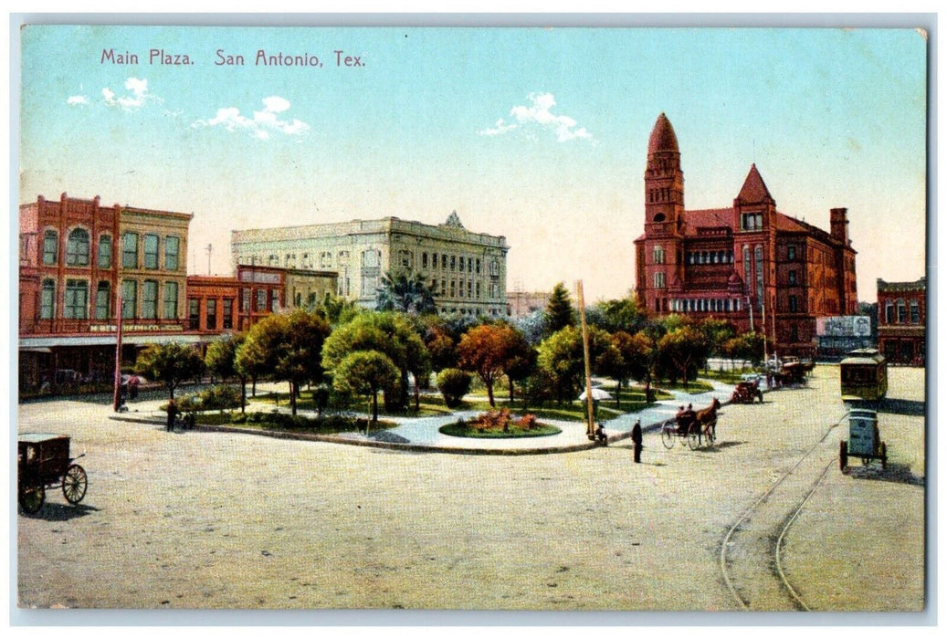 c1910 Trolley Car Business Section Main Plaza San Antonio Texas TX Postcard