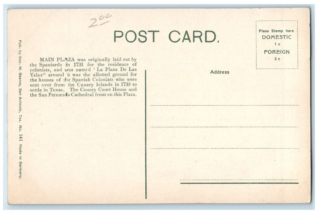 c1910 Trolley Car Business Section Main Plaza San Antonio Texas TX Postcard