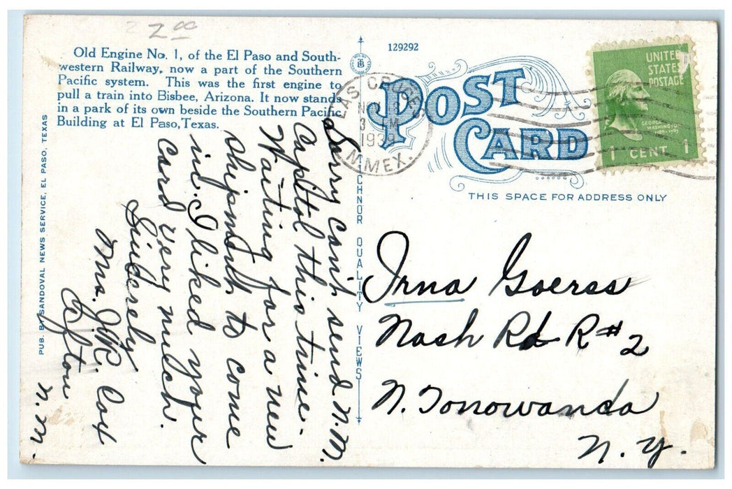 1939 Old Engine No.1 at Southern Pacific Building El Paso Texas TX Postcard