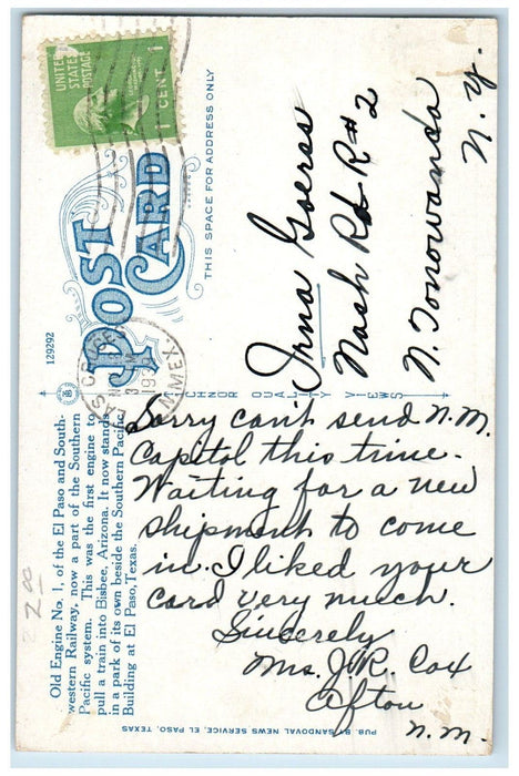 1939 Old Engine No.1 at Southern Pacific Building El Paso Texas TX Postcard