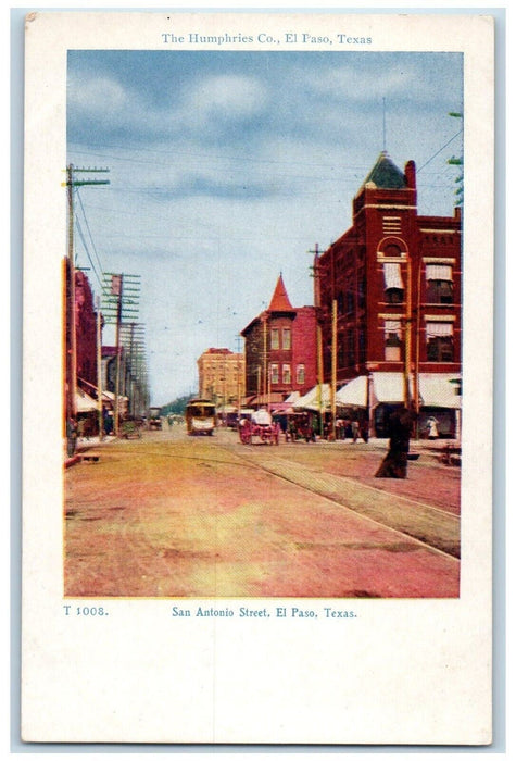 c1905 Trolley Car Horse Carriage San Antonio Street El Paso Texas TX Postcard
