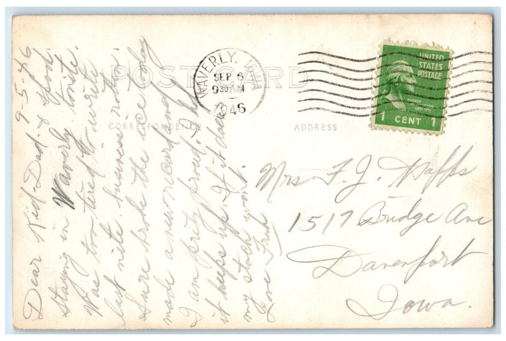 1946 USPS Post Office View Waverly Iowa IA RPPC Photo Posted Postcard