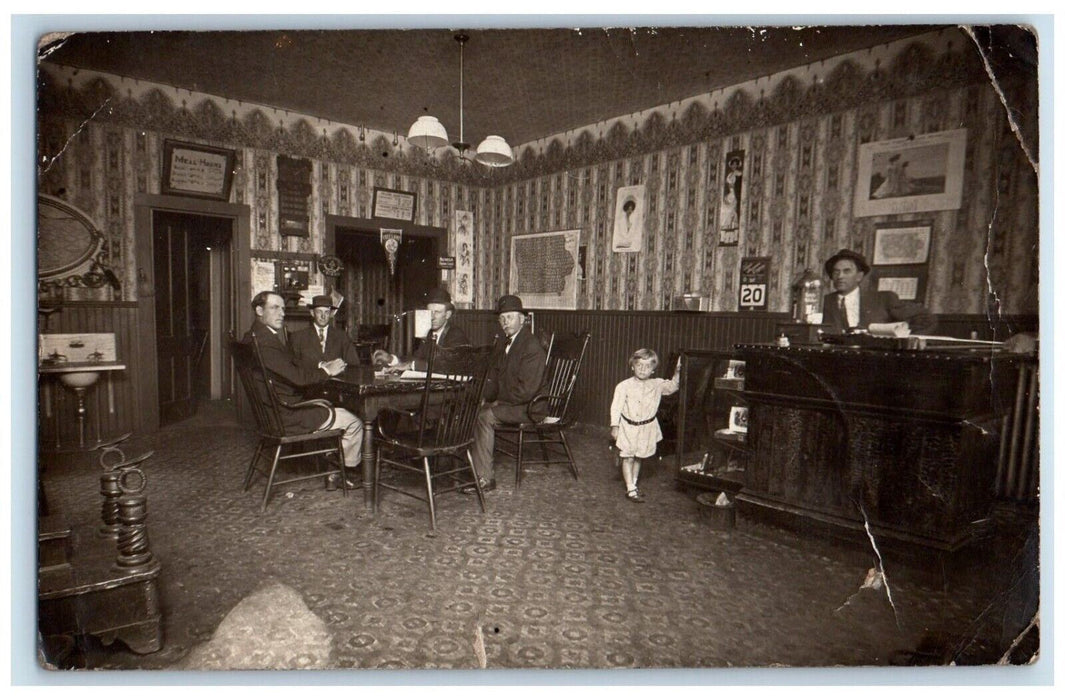 1912 Hotel Interior Shoe Shine Clerk Child Sobula Iowa IA RPPC Photo Postcard