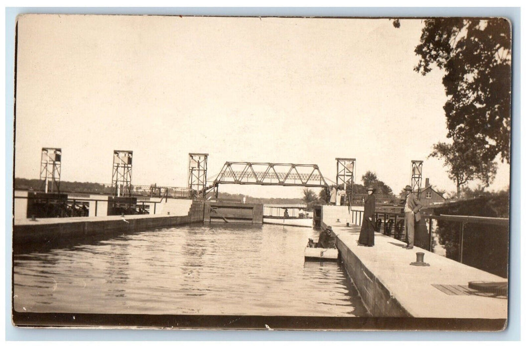 c1910's View Of Rock River Dam Man Woman Boat Illinois IL RPPC Photo Postcard