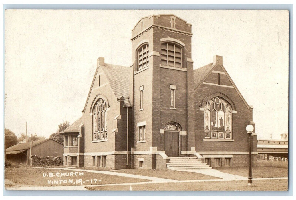 c1910's V.B. Church View Stained Glass Tower Vinton Iowa IA RPPC Photo Postcard