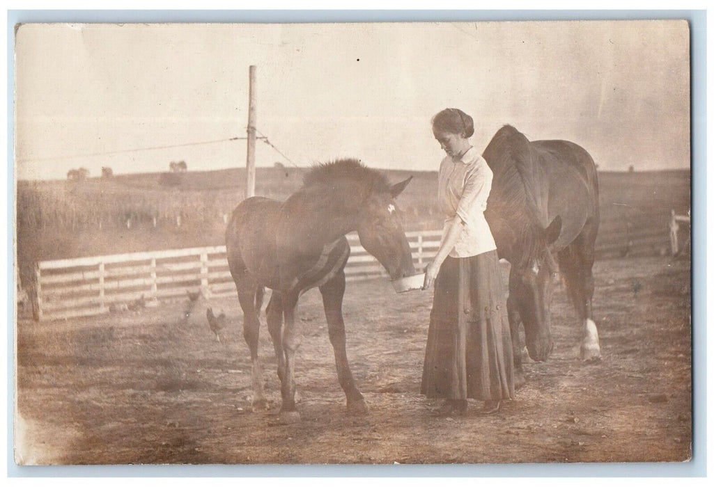 c1910's Woman Horse Drinking Water Fence Unposted Antique RPPC Photo Postcard