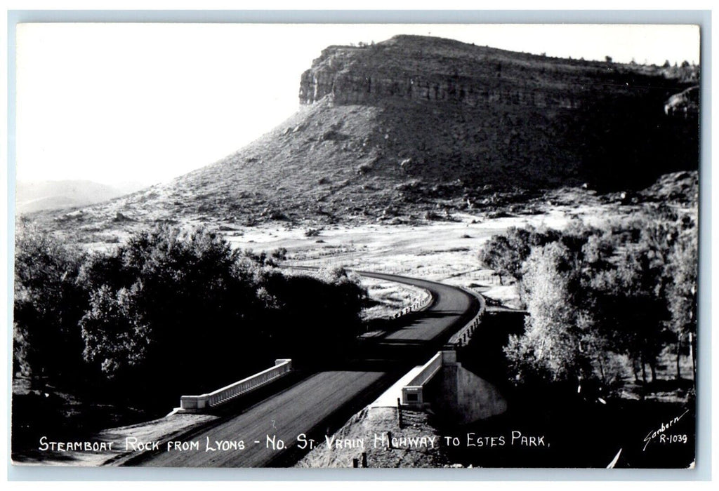 Steamboat Rock From Lyons St. Vrain Highway To East Park RPPC Photo Postcard