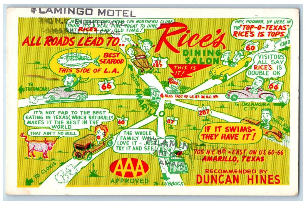c1950's Flamingo Motel Map of Businesses in Amarillo Texas TX Postcard