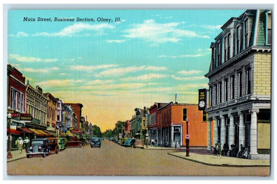 c1930's Main Street Business Section Cars Clock Olney Illinois IL Postcard