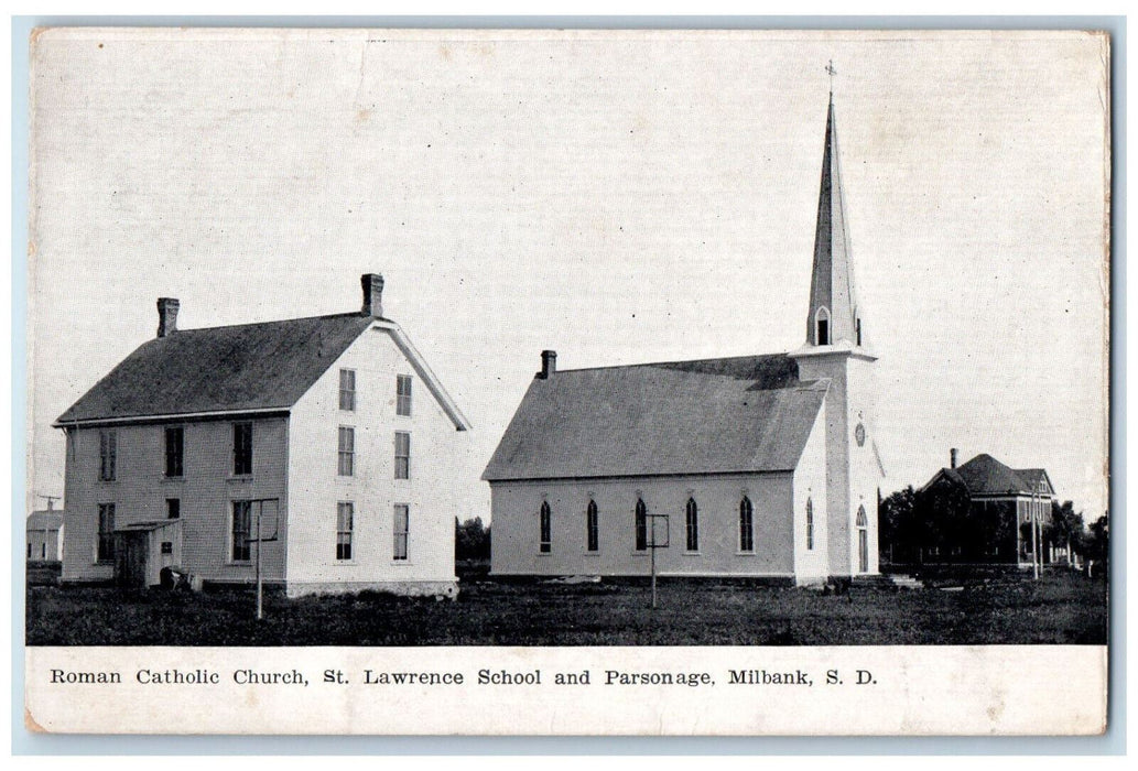 c1910 Roman Catholic Church St. Lawrence School Parsonage Milbank SD Postcard