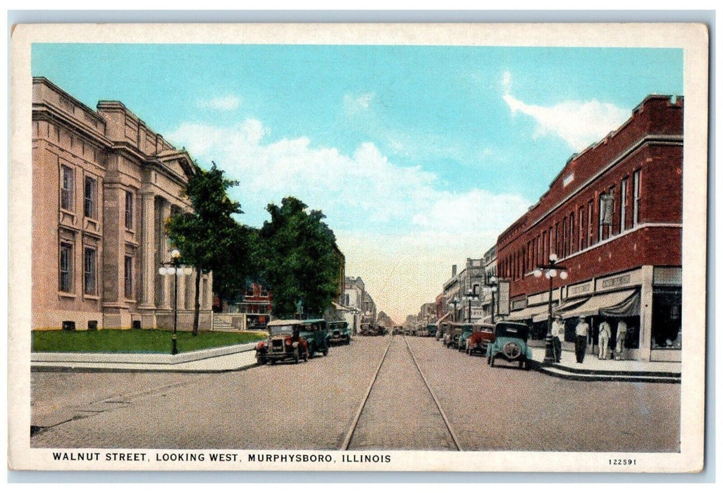 c1930's Walnut Street Looking East Cars Stores Murphysboro Illinois IL Postcard