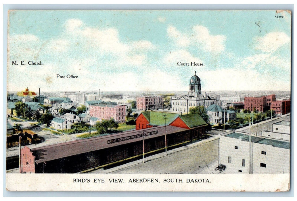 1910 Bird's Eye View Court House ME Church Aberdeen South Dakota SD Postcard