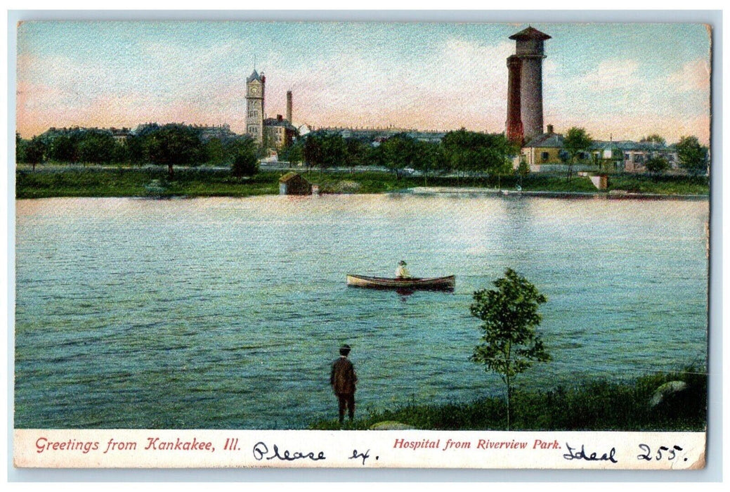 1907 Greetings From Kankakee Illinois IL, Hospital From Riverview Park Postcard