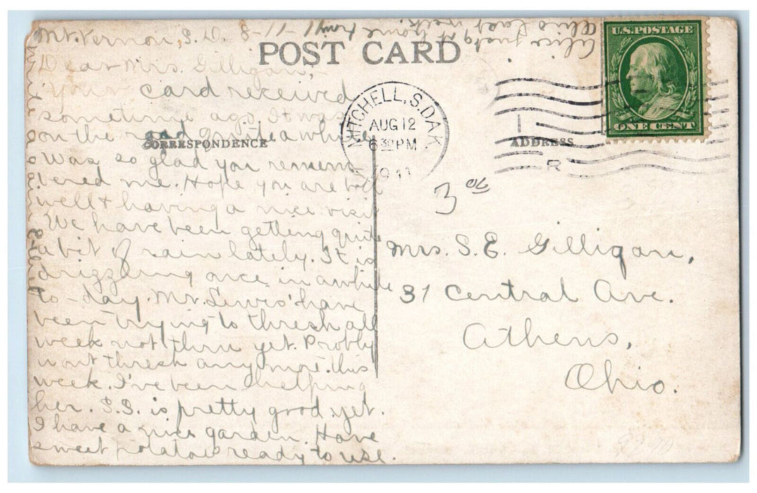 1911 New Pipe Organ First M.E. Church Mitchell South Dakota SD Posted Postcard