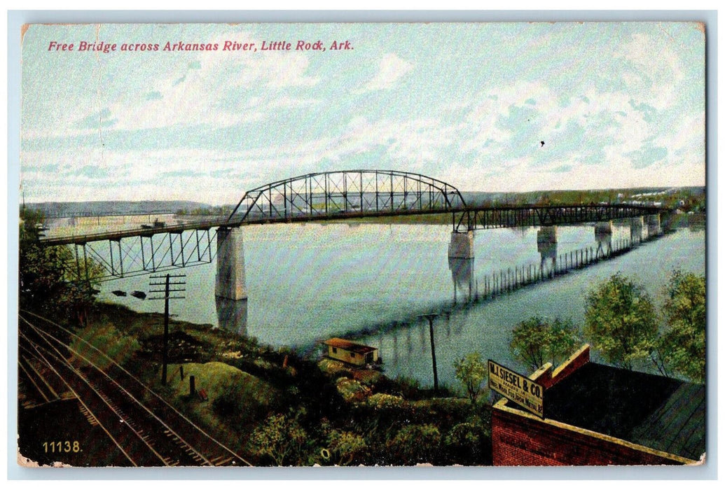 c1910 Free Bridge Across Arkansas River Little Rock Arkansas AR Antique Postcard