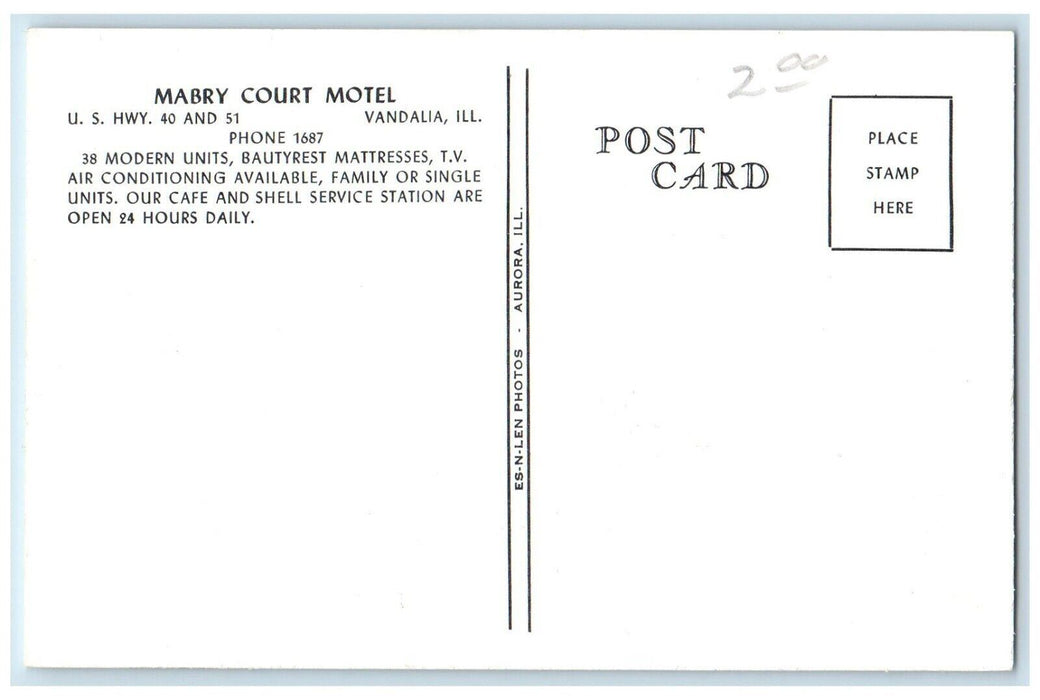 c1940 Mabry Court Motel Cafe Motel Service Station Vandalia Illinois IL Postcard