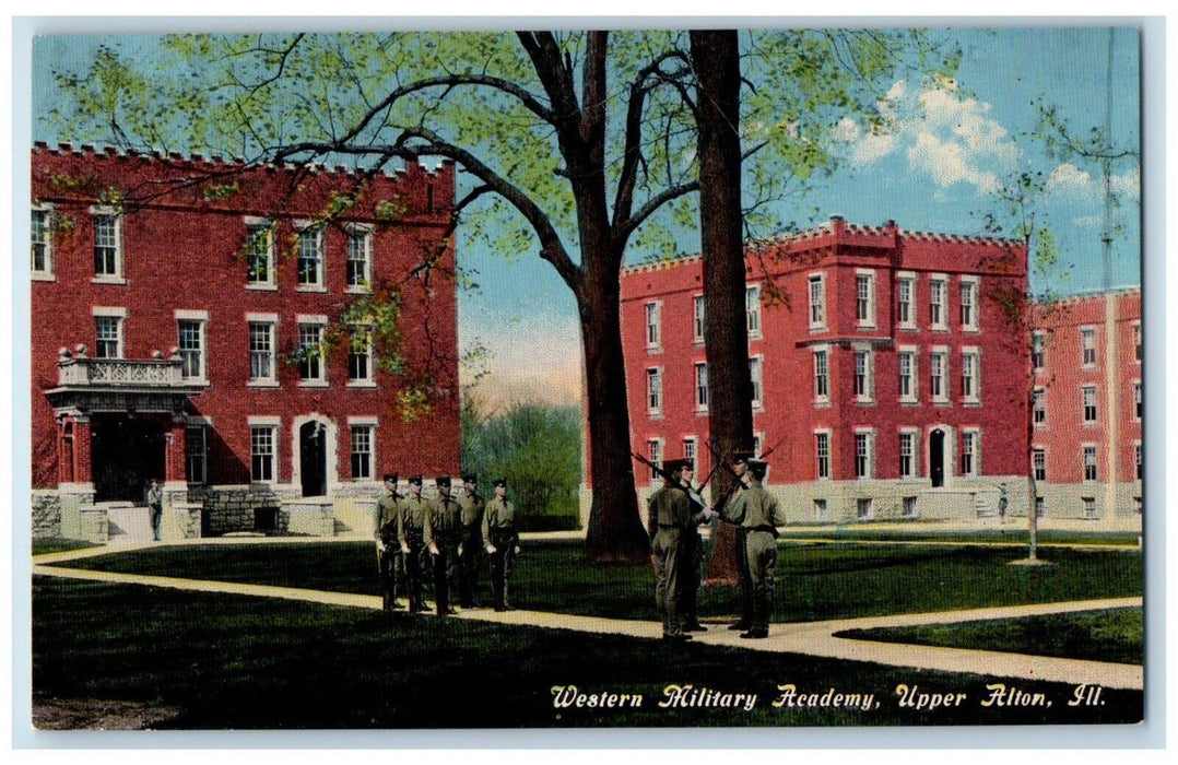 c1910 Western Military Academy Soldier Army Train Upper Alton Illinois Postcard