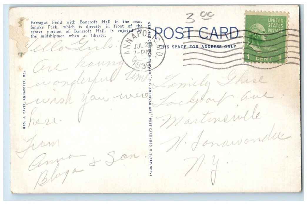1939 Farragut Field Bancroft Hall US Naval Academy Annapolis Maryland Postcard