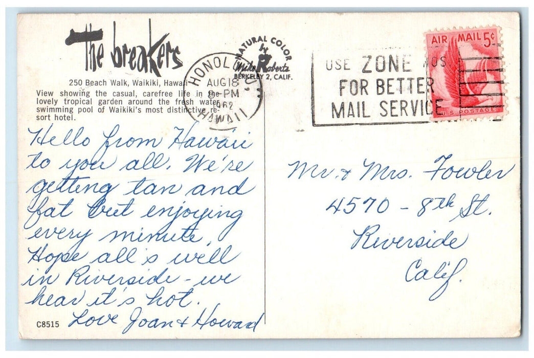 1962 The Breakers Beach Walk Exterior Pool Waikiki Honolulu Hawaii HI Postcard