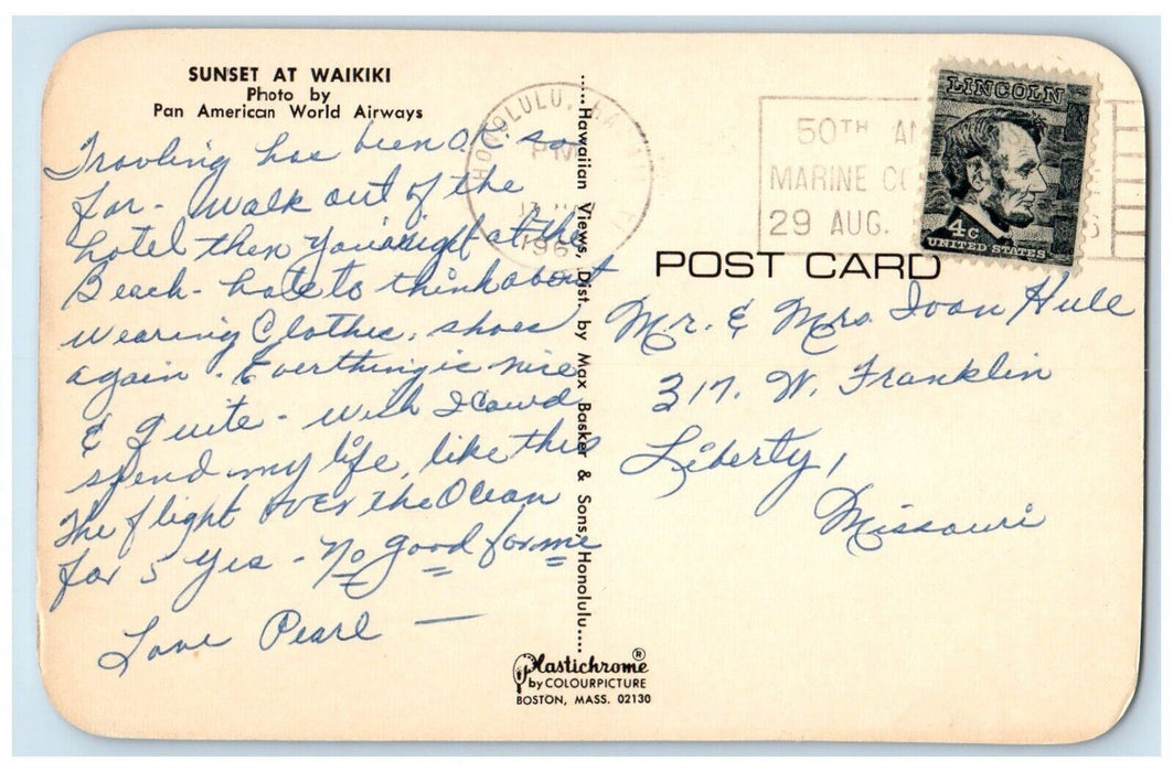 c1960 Sunset Waikiki Beach Exterior Building Pan American World Airways Postcard