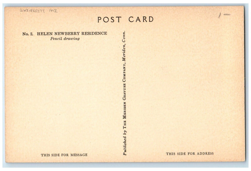 c1940 No.2 Helen Newberry Residence Pencil Drawing University Michigan Postcard