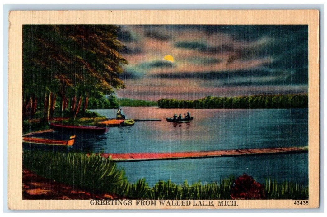 1946 Greetings From Walled Night Moonlight Moon Fishing Lake Michigan Postcard