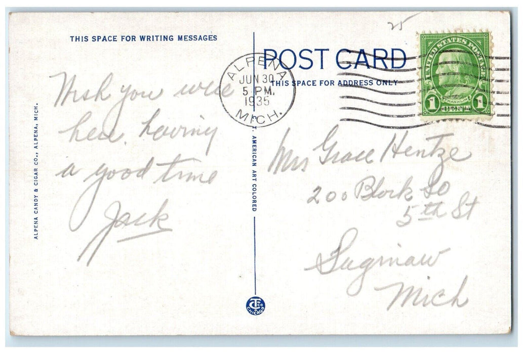 1935 Grand Lake Showing Island Birch Hill Boat Canoe Alpena Michigan MI Postcard