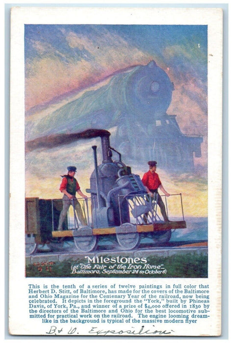 c1910 Milestones Painting Herbert Stitt Train Baltimore Ohio Magazine Postcard