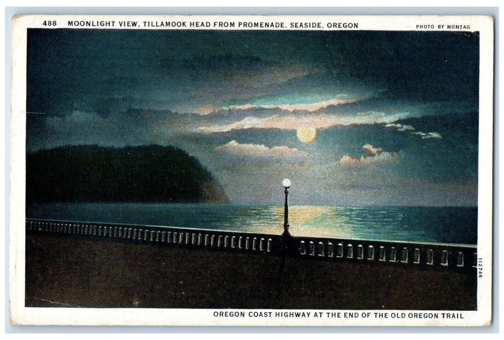 c1920 Moonlight View Tillamook Head Promenade Moon Night Seaside Oregon Postcard