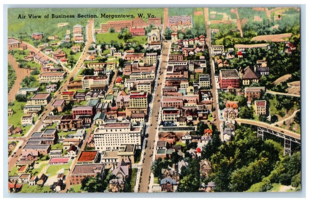 1947 Air View Business Section Exterior Street Morgantown West Virginia Postcard