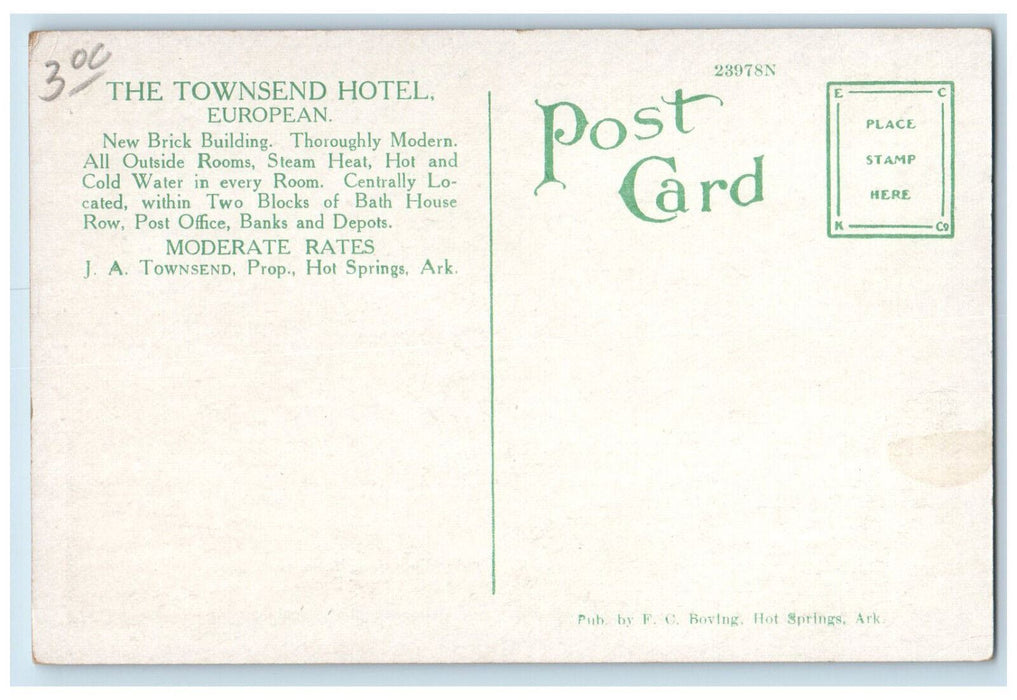 c1930's Townsend Hotel Hot Springs Arkansas AR Vintage Unposted Postcard