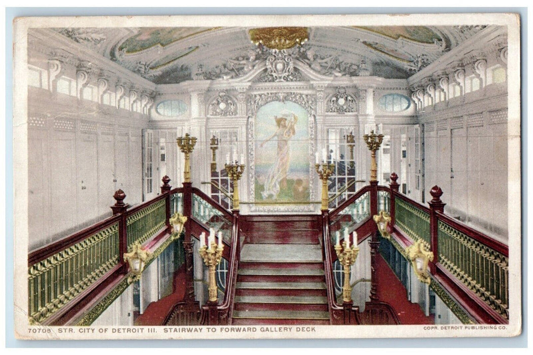 1910 Str. City Detroit Illinois Stairway Forward Gallery Deck Interior Postcard
