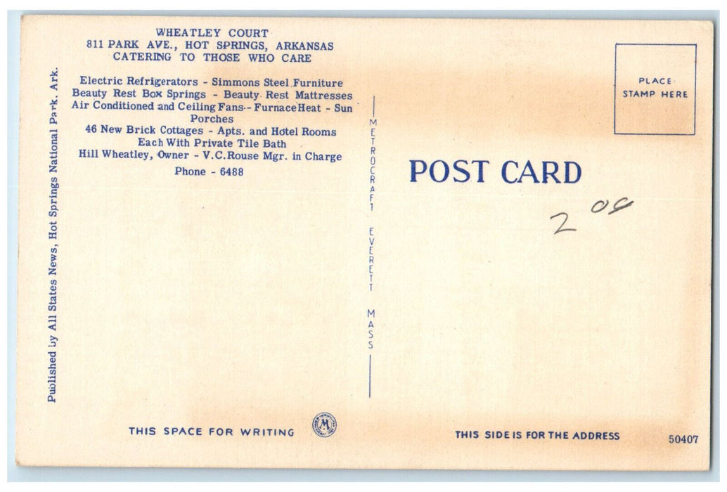 c1940's Wheatley Court Hot Springs National Park Arkansas AR Multiview Postcard