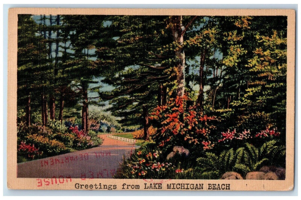 1941 Greetings From Forest Garden Flowers Trees Lake Michigan MI Beach Postcard