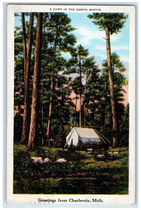 1939 Greetings From Charlevoix Camp North Woods Tent Forest Michigan MI Postcard