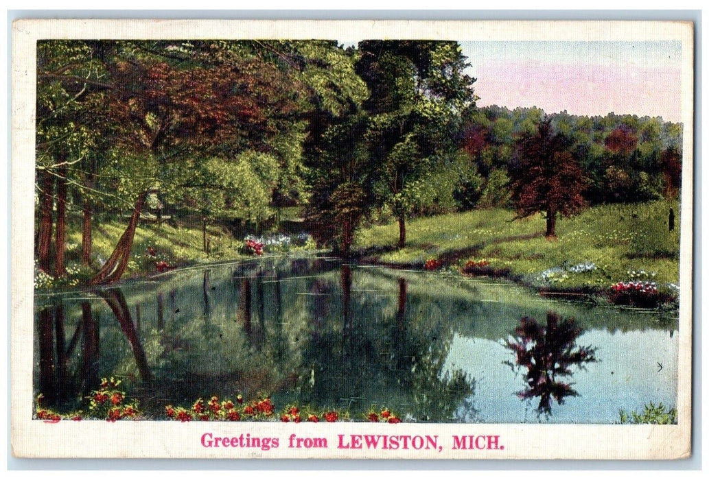 1936 Greetings From Lewiston River Lake Flowers Trees Swamp Michigan MI Postcard