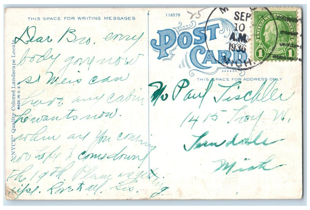 1936 Greetings From Lewiston River Lake Flowers Trees Swamp Michigan MI Postcard