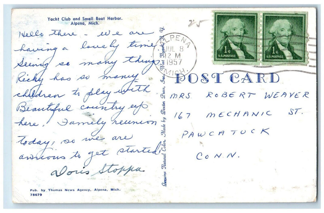 1957 Yacht Club Small Boat Harbor Shipyard River Lake Alpena Michigan Postcard