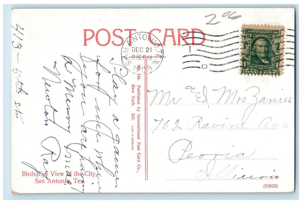 1908 Birds Eye View of the City San Antonio Texas TX Antique Postcard