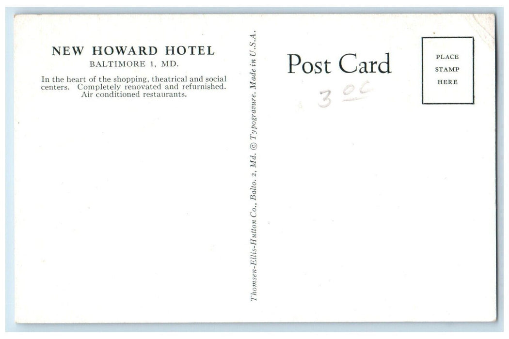 c1940 Exterior View New Howard Hotel Building Baltimore 1 Maryland MD Postcard