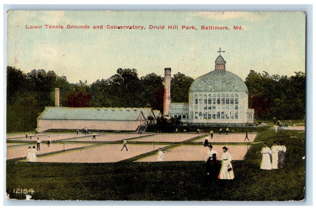 1915 Lawn Tennis Grounds Conservatory Druid Hill Baltimore Maryland MD Postcard