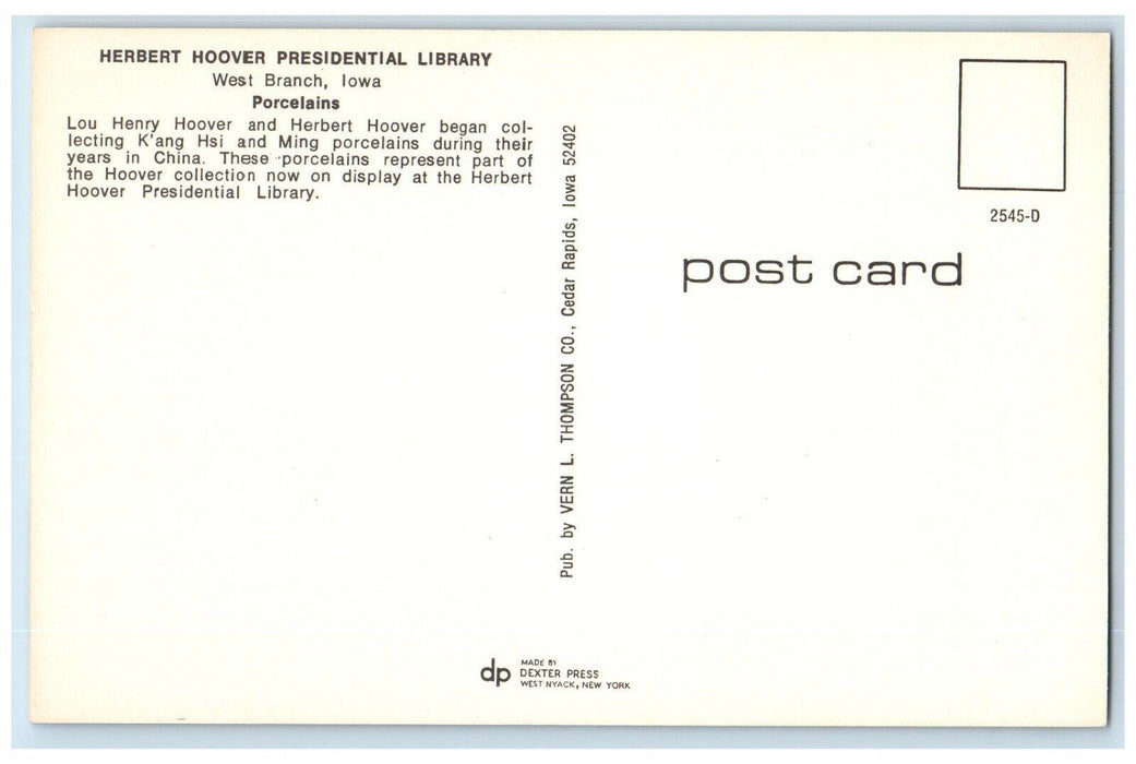 Herbert Hoover Presidential Library West Branch Iowa IA, Porcelains Postcard